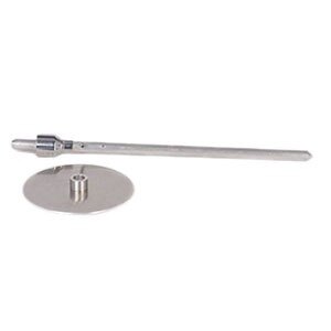 A stainless steel Optimal Automatics mini skewer with a metal rod and round base.