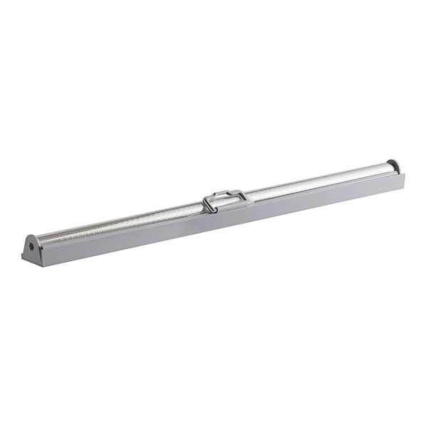 A grey rectangular metal night curtain with a metal handle.
