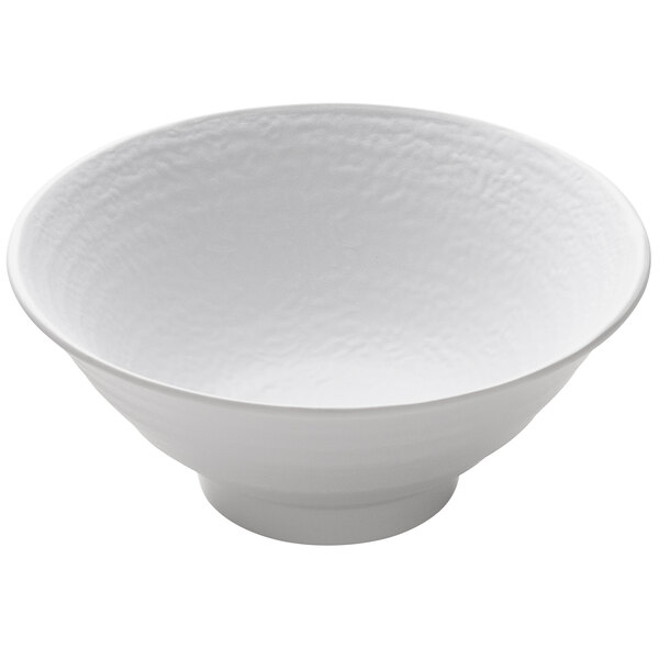 A close up of a white Elite Global Solutions Zen melamine bowl with a textured surface and a small rim.