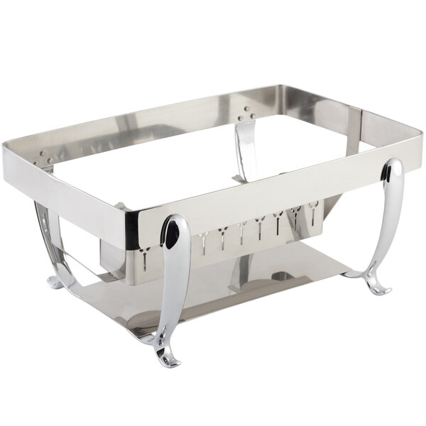 A Bon Chef stainless steel stand for a rectangular chafer on a counter.