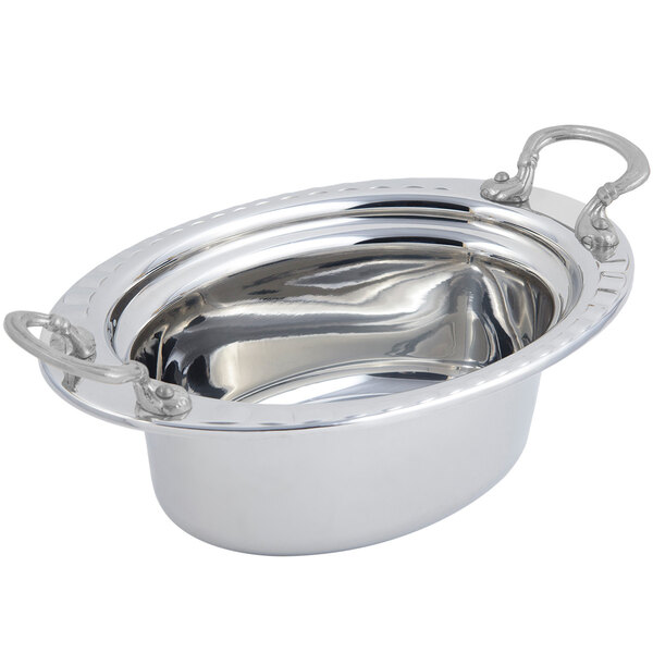 A stainless steel Bon Chef oval food pan with round handles.
