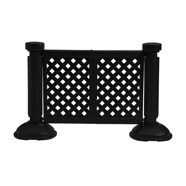 A black Grosfillex resin patio fence with two panels and two posts.