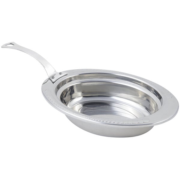 A silver stainless steel Bon Chef food pan with a long handle decorated with a laurel design.