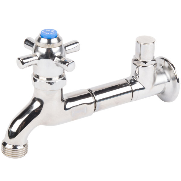 A chrome plated T&S wall-mount hose bib faucet with a blue knob.