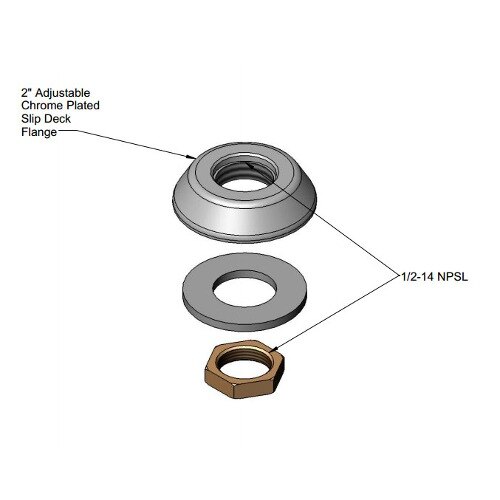 A diagram of a T&amp;S adjustable deck flange assembly with a nut and bolt.