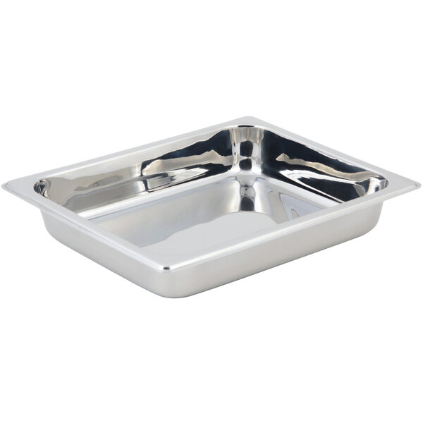 A silver rectangular Bon Chef food pan with a square edge.