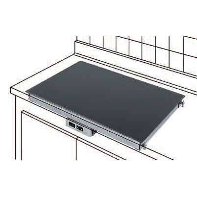 A drawing of a black Hatco heated shelf with a glass top on a counter.
