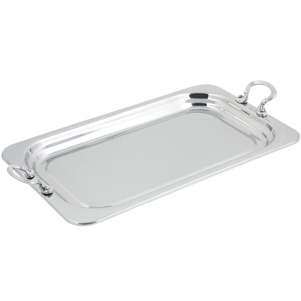 A Bon Chef stainless steel rectangular food pan with round stainless steel handles.