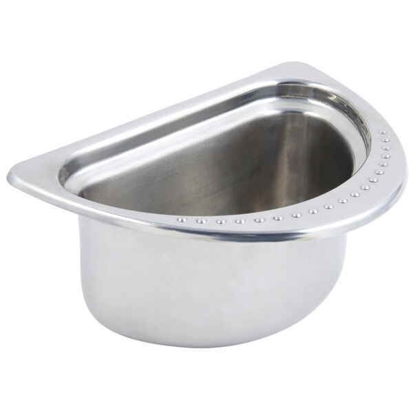 A stainless steel Bon Chef Bolero design half size food pan on a counter.