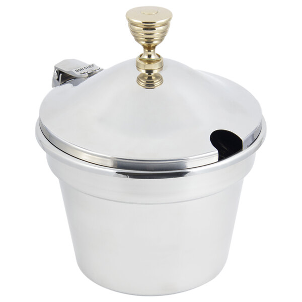 A silver metal Bon Chef soup inset with a hinged lid.