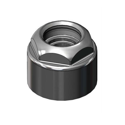 A close-up of a stainless steel nut on a circular object.