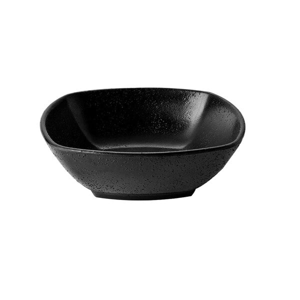 A black melamine square bowl.