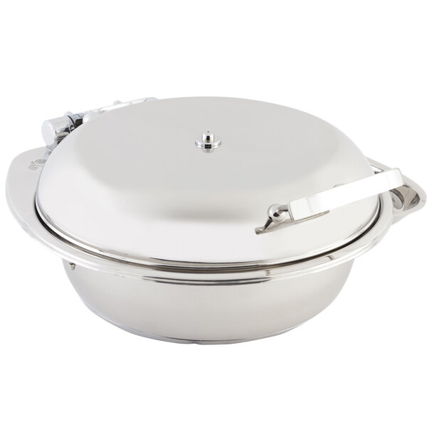 A stainless steel Bon Chef chafing dish with a lid.