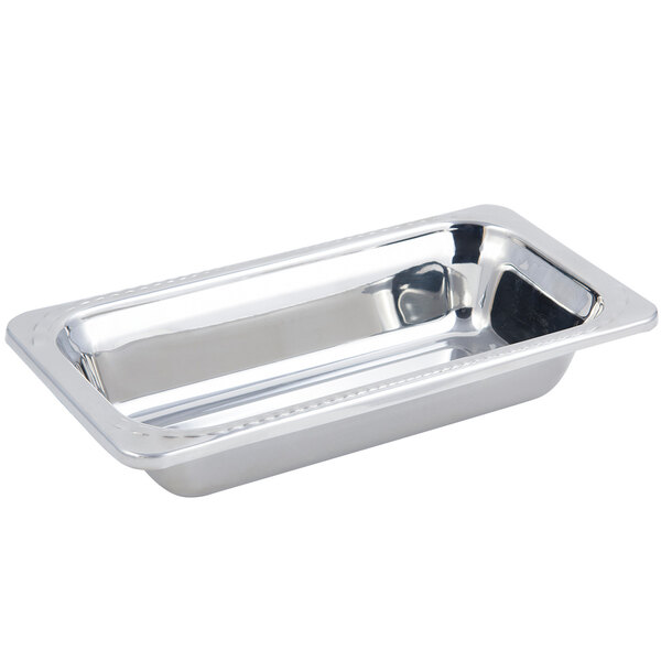 A stainless steel Bon Chef rectangular food pan with an arch design.