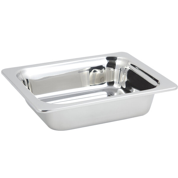 A stainless steel rectangular food pan with a square edge.
