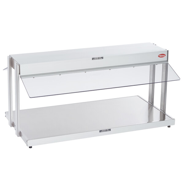 A white rectangular shelf with a white surface and a stainless steel top.