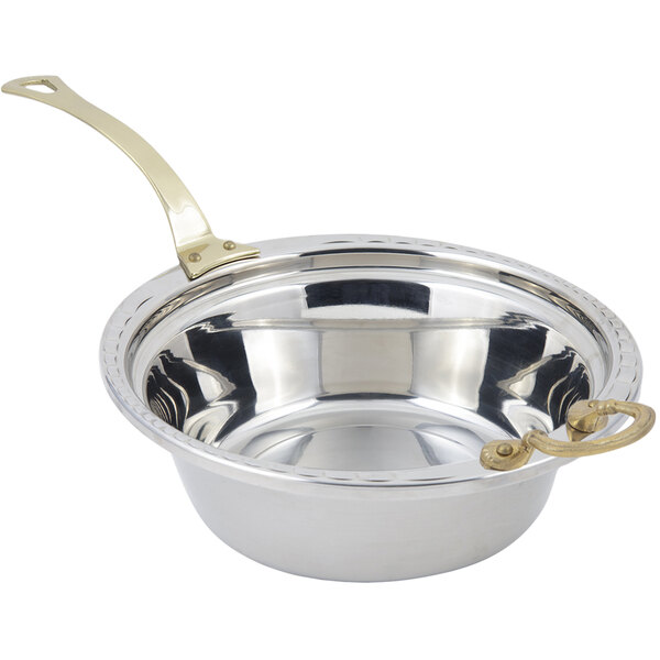 A stainless steel Bon Chef casserole food pan with a long brass handle.