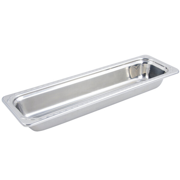 A stainless steel Bon Chef rectangular food pan with an arch design handle.