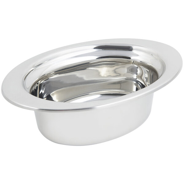 A silver stainless steel Bon Chef food pan with a rim.
