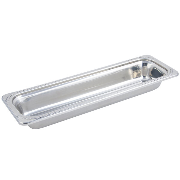 A silver rectangular Bon Chef food pan with beaded trim and a handle.