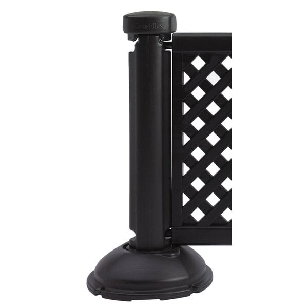 A black Grosfillex resin fence post with interlocking base.