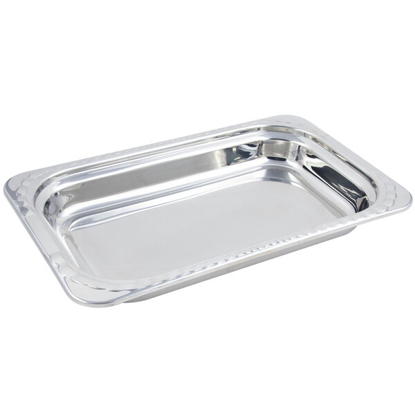 A silver rectangular stainless steel food pan with an arched design.