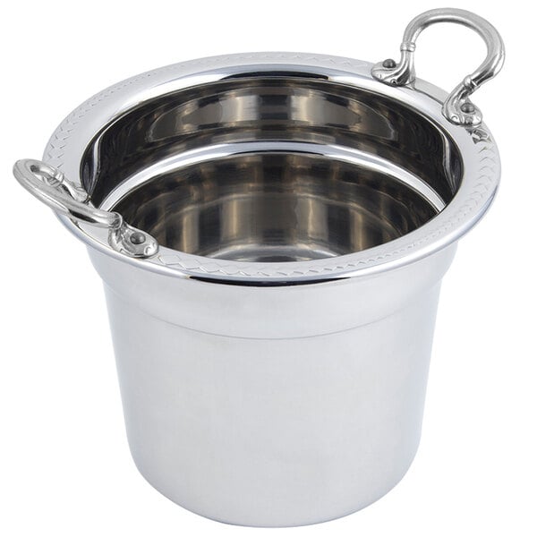 A stainless steel Bon Chef soup tureen with round stainless steel handles.