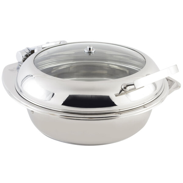 A silver Bon Chef induction chafing dish with a glass lid.