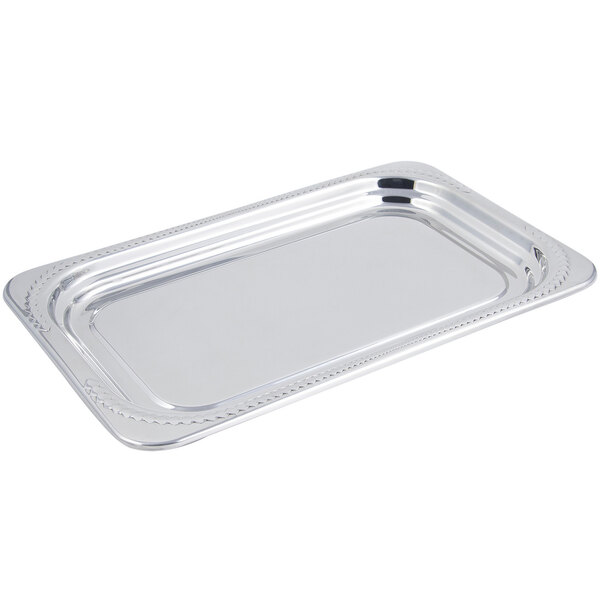 A silver rectangular food pan with a laurel design.