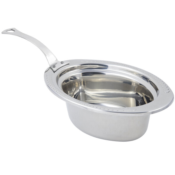 A silver stainless steel Bon Chef food pan with a long handle.