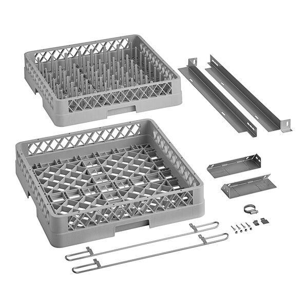 A grey plastic crate with metal parts inside a grey plastic basket with holes.