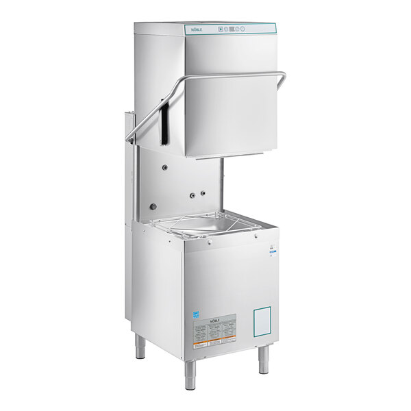 A white Noble Warewashing door-type dishwasher with a door open.