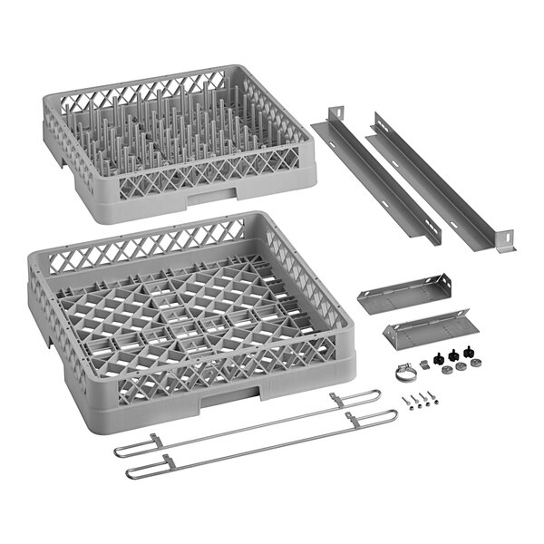 A grey plastic basket with metal racks and a plastic basket with holes.