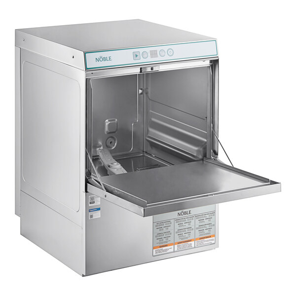 A Noble Warewashing undercounter dishwasher with a door open.