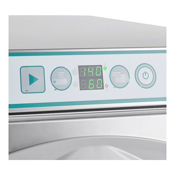 A close-up of the digital display on a white Noble Warewashing undercounter dishwasher.