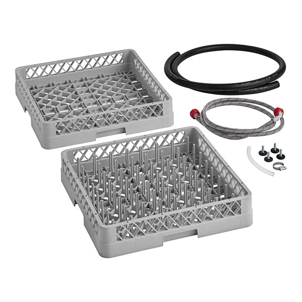 A Noble Warewashing undercounter dishwasher with hoses and dish racks on a counter.