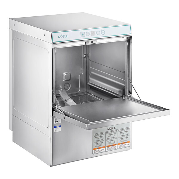 A Noble Warewashing undercounter dishwasher with an open door.