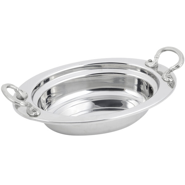 A stainless steel Bon Chef oval food pan with round handles.