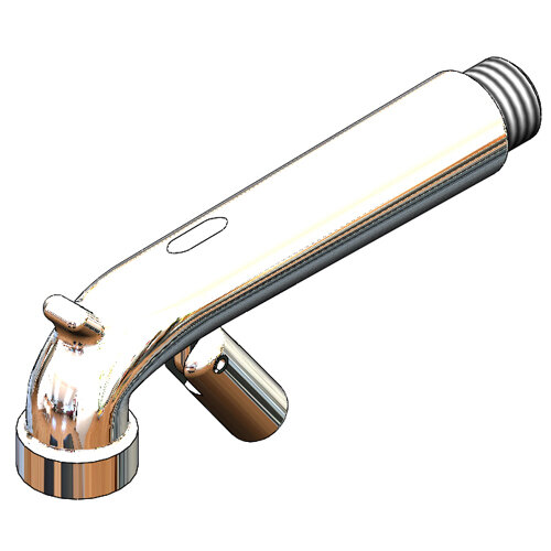 A chrome faucet spout with a silver metal pipe and screw.
