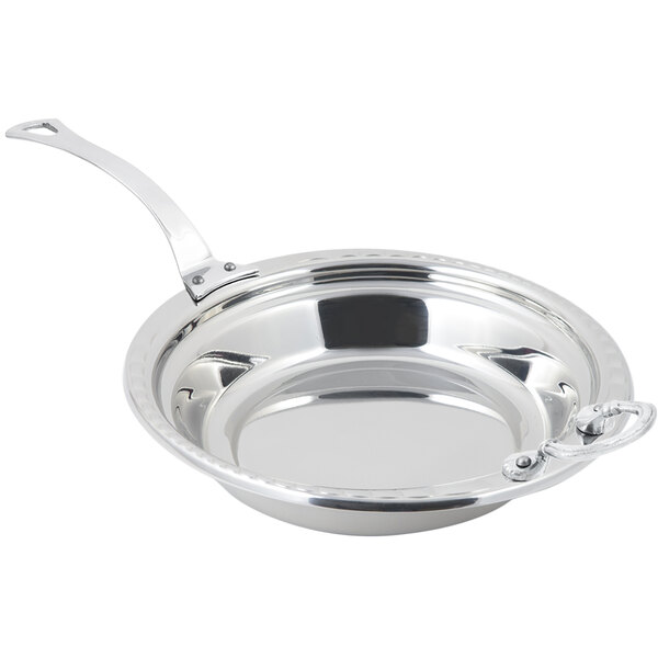 A Bon Chef stainless steel casserole food pan with long stainless steel handle and arches design.