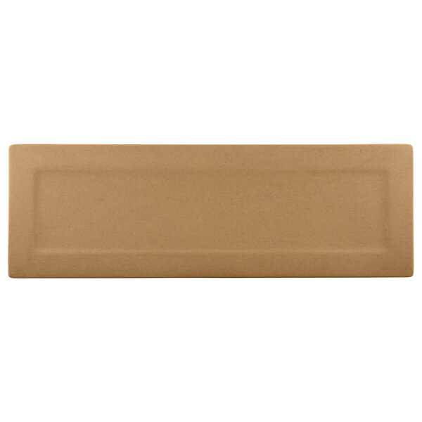 A rectangular brown rectangular platter with a beige center and brown border.