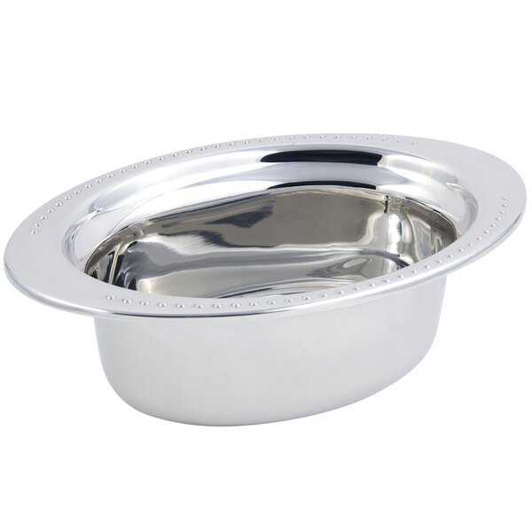 A silver stainless steel Bon Chef oval food pan with a beaded rim.