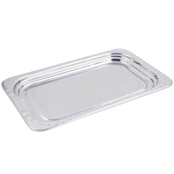 A stainless steel rectangular food pan with an arches design on the edges.