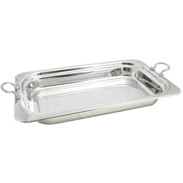 A rectangular stainless steel food pan with Bolero design and round stainless steel handles.