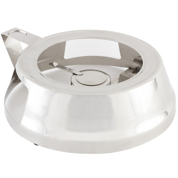 A stainless steel stand for a round chafer.