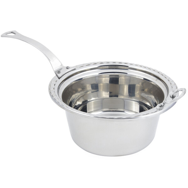 A Bon Chef stainless steel casserole food pan with a long stainless steel handle.