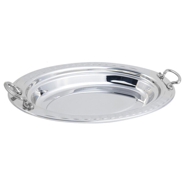 A stainless steel Bon Chef oval food pan with curved arches and round handles.