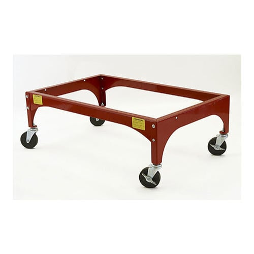 A red metal L.A. Baby evacuation frame with wheels.