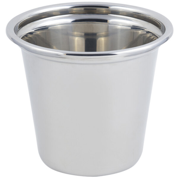 A silver metal Bon Chef stainless steel condiment pot with a rim.