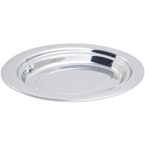 A Bon Chef stainless steel oval food pan with a Bolero design on the rim.